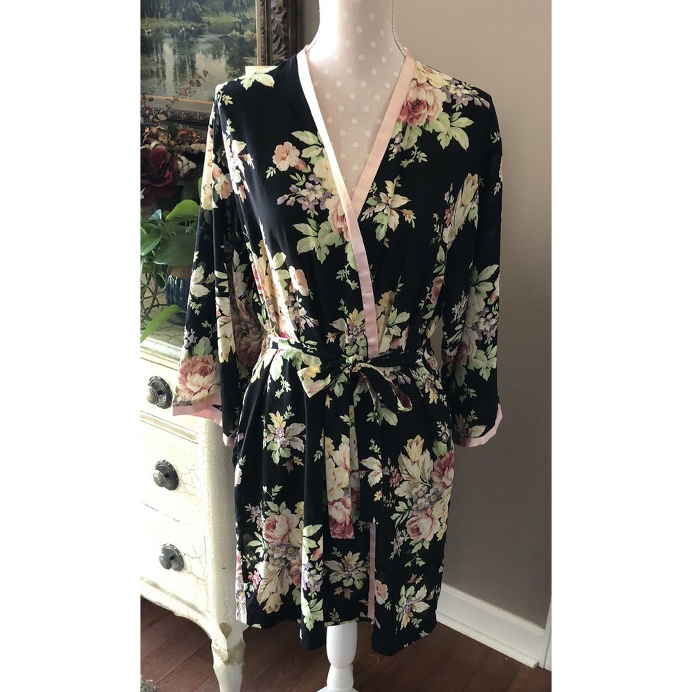 Vintage Oscar de la Renta Pink Label Black & Pink Floral Robe Size Small
